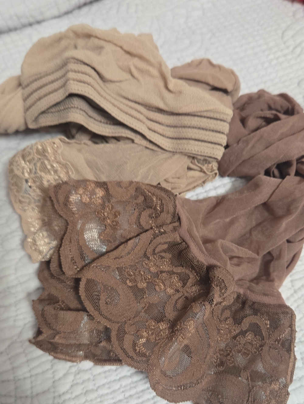 Sheer Lace-Trim Nude Brown Hosiery Set - 3 Pairs Sz S